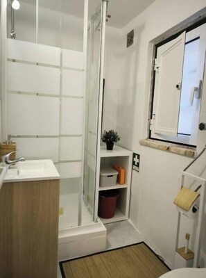 Hair dryer, towels, soap, shampoo