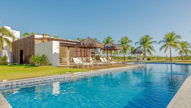 Piscina con sillones de descanso y sombrillas, rodeada de palmeras y un edificio con techo de paja.