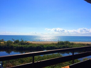 En la playa, camastros y toallas de playa 