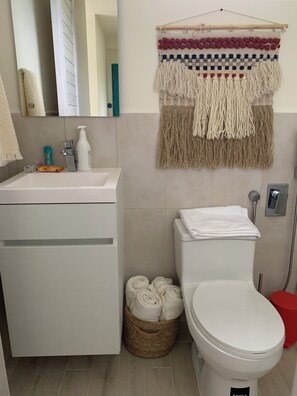 Dusche, Handtücher, Seife, Toilettenpapier