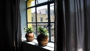 Een raam met twee terracotta potten op de vensterbank, gordijnen half dicht, en een uitzicht op gebouwen.