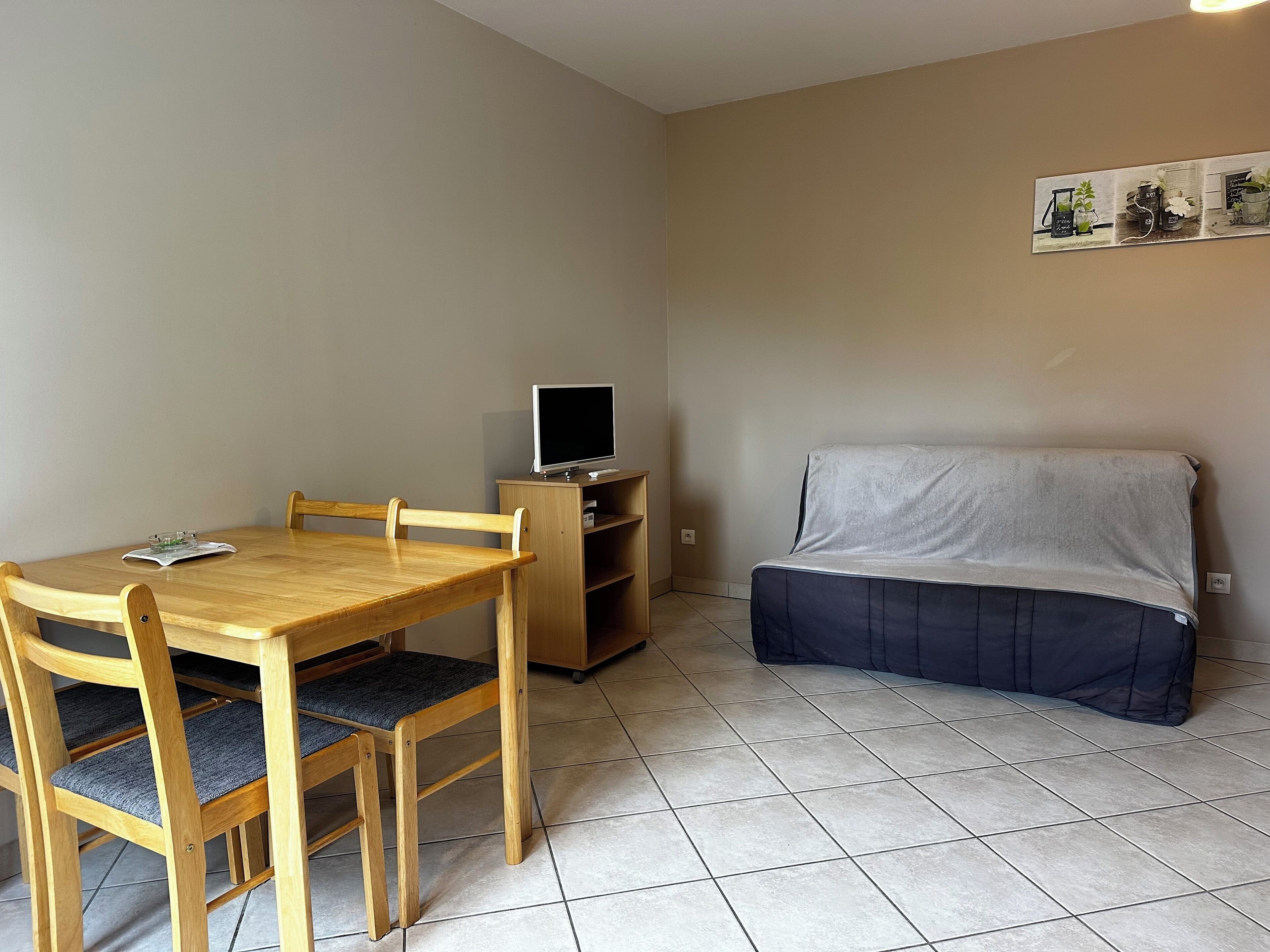 Una habitación pequeña con una mesa de comedor de madera, sillas, un televisor sobre un mueble bajo y un sofá tapizado.