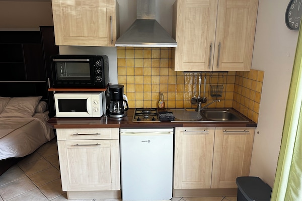 Fridge, microwave, electric kettle, toaster