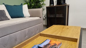A living room with a grey sofa, a wooden coffee table, and two books titled 'Almería' and 'Cochon'. - Newly renovated penthouse in the historic center of Almeria. (Almería)