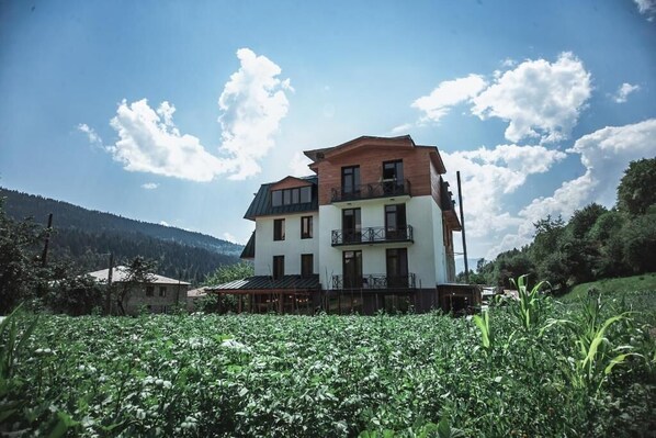 A two-story building with a balcony on the upper floor, surrounded by a lush green field and mountains in the background. - latour Mestia (Mestia)