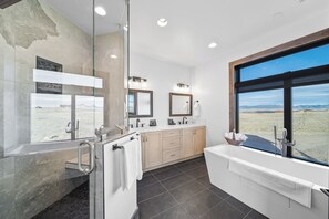 Hair dryer, towels, soap, shampoo