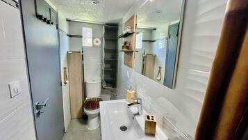 Shower, hair dryer, towels, soap