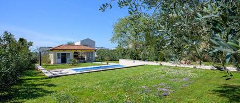 A house with a swimming pool, surrounded by a well-maintained garden with various plants and flowers.