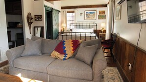 Una sala acogedora con sofá, cama y televisor.