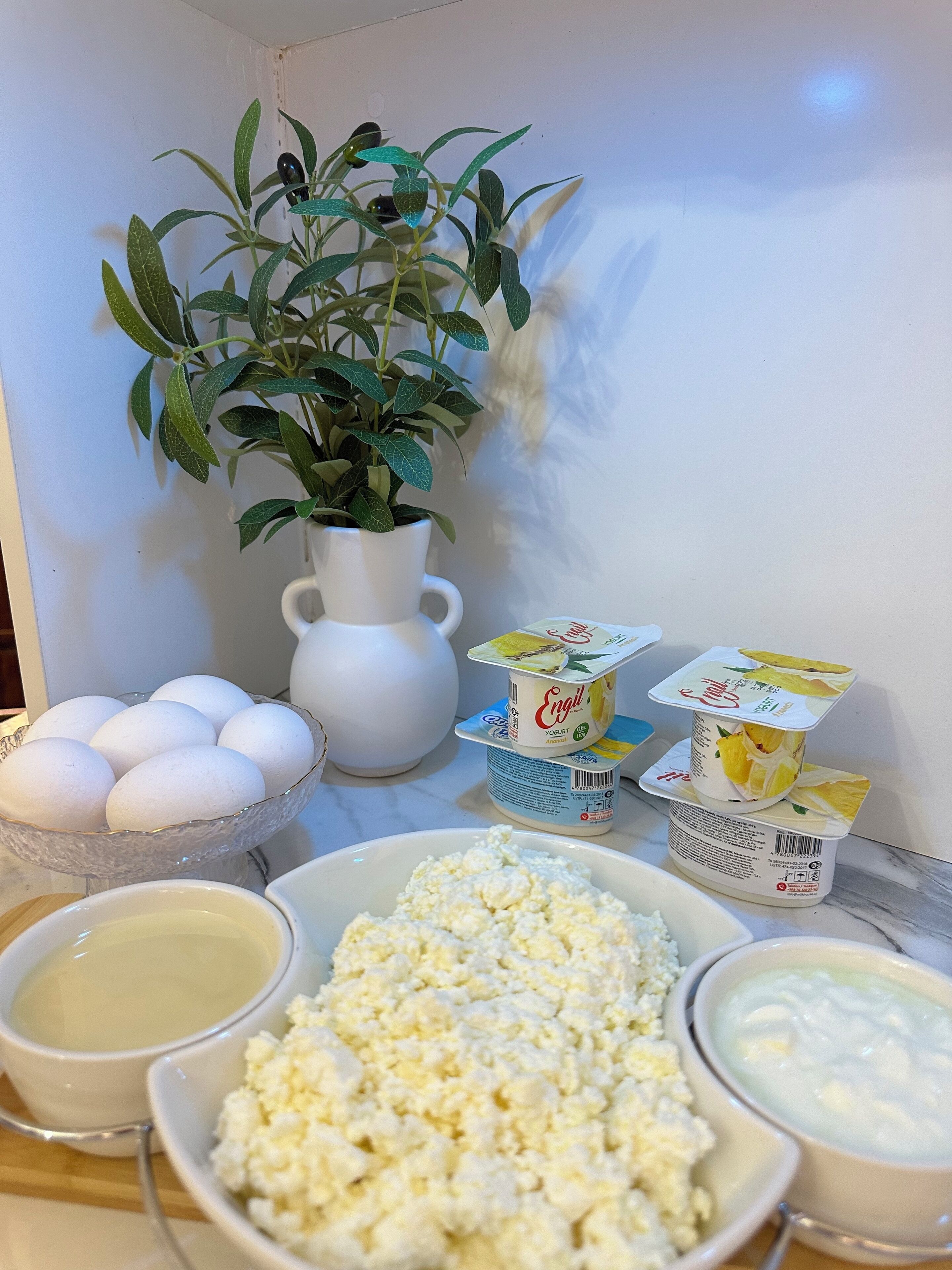 A kitchen counter with a bowl of eggs, a bowl of cottage cheese, a bowl of yogurt, and a potted plant.