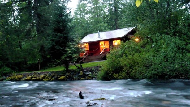 A cabin by a flowing river, surrounded by dense forest.