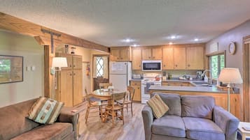 TV, fireplace, books