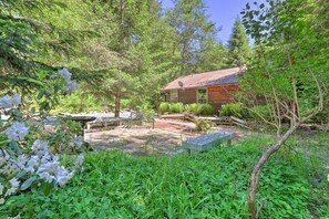 Un chalet rustique entouré d’une végétation luxuriante et bordé d’un petit étang.