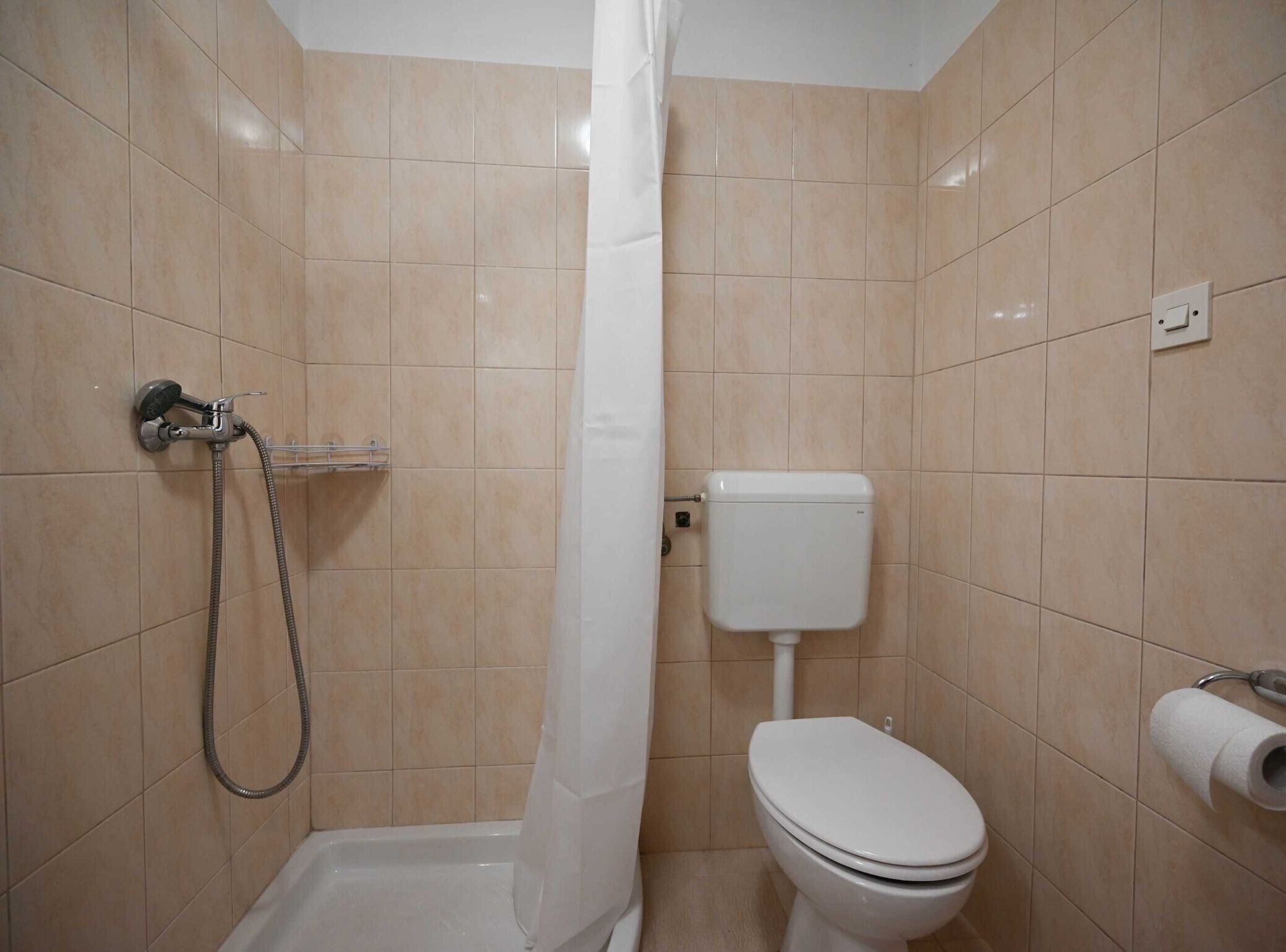 Et lille badeværelse med fliser, en bruser, toilet og toiletpapir hængende på væggen.