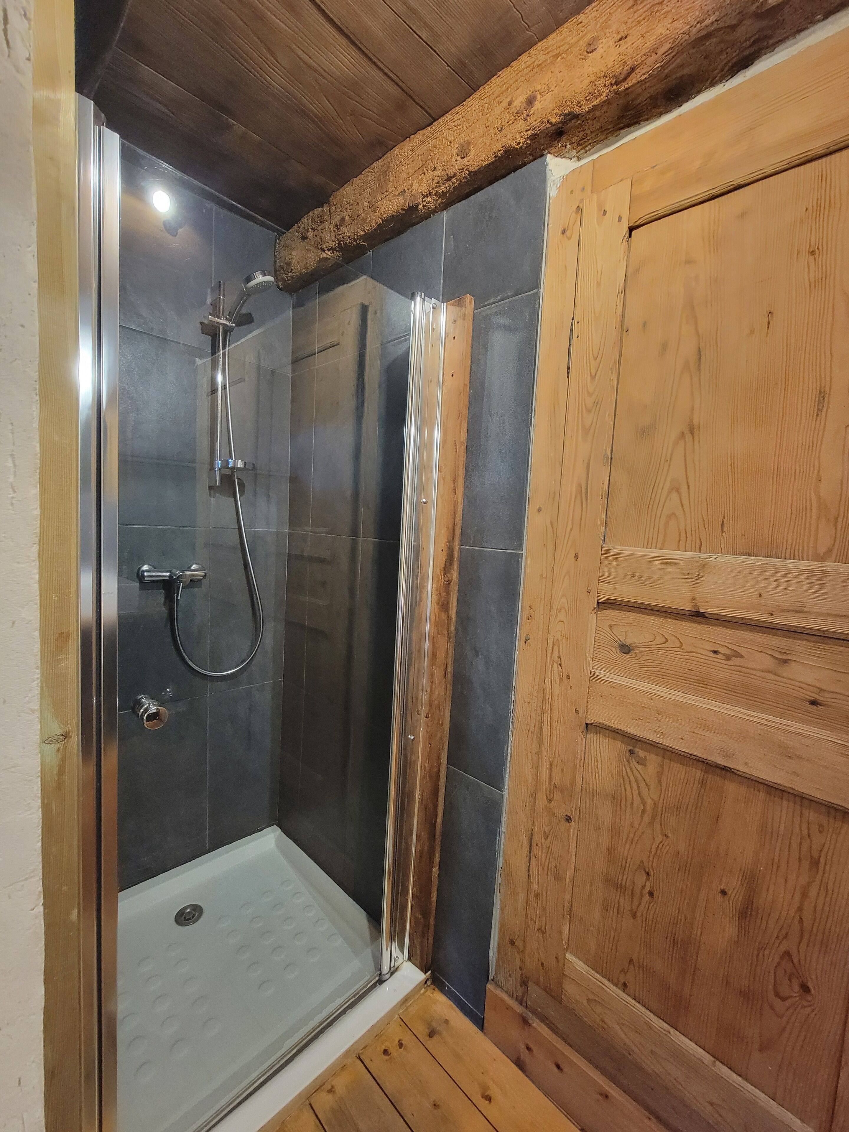 A shower area with a glass door, wooden ceiling beams, and a wooden door.