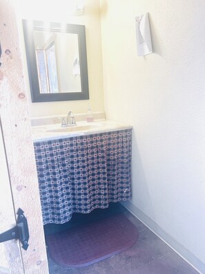 Bathroom features a sink, mirror, and soap dispenser.