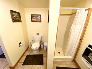Ein Badezimmer mit Toilette, Dusche und zwei an der Wand hängenden Bildern.