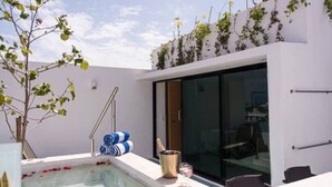 A modern outdoor pool area with a glass door leading to a room, a small tree, and some greenery on the wall. - Amazing 2 floor penthouse w/PRIVATE rooftop (Playa del Carmen)