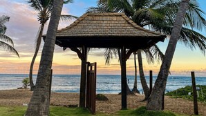Een strandpaviljoen met een houten dak, omringd door palmbomen en met uitzicht op de oceaan.