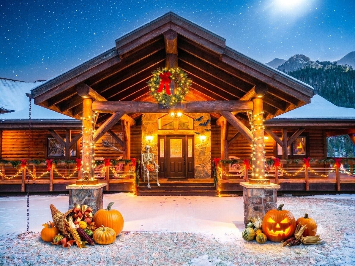 Una cabaña de troncos con fachada de madera, base de piedra y un porche decorado con luces y un adorno navideño.