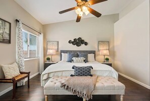 4 bedrooms, desk, iron/ironing board, travel cot