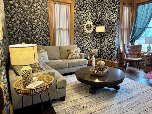 Smart TV, fireplace, books