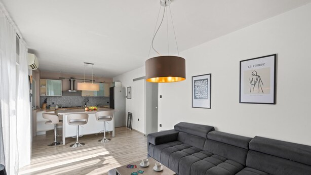 A modern living room with a grey sofa, a coffee table, and a kitchen in the background. - Premium Apartment With Patio (Porec)