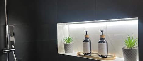 Regadera, secadora de cabello, bidet, toallas