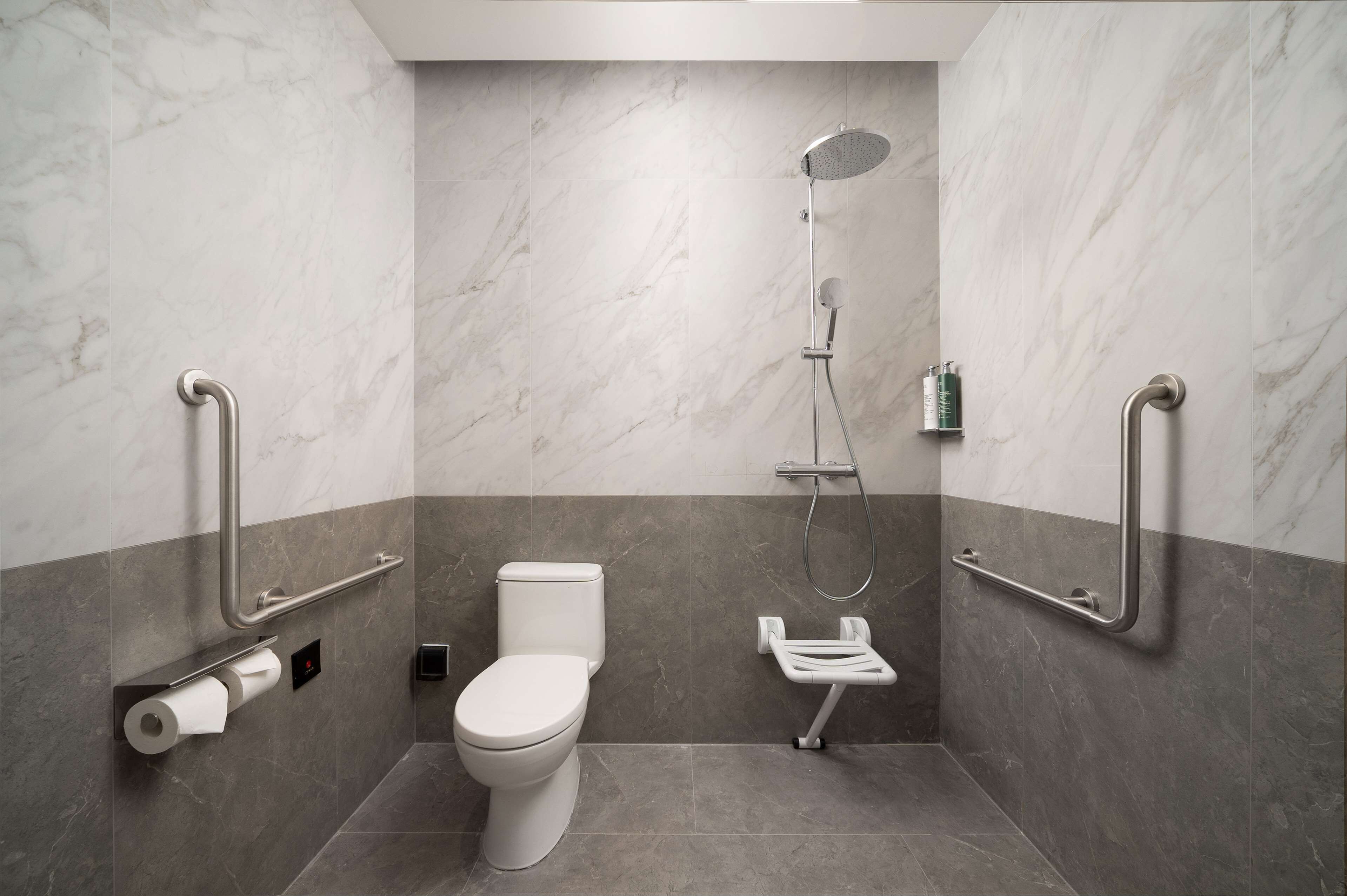 Une salle de bain moderne équipée de toilettes, de barres d'appui, d'une douche et d'un porte-rouleau de papier toilette.