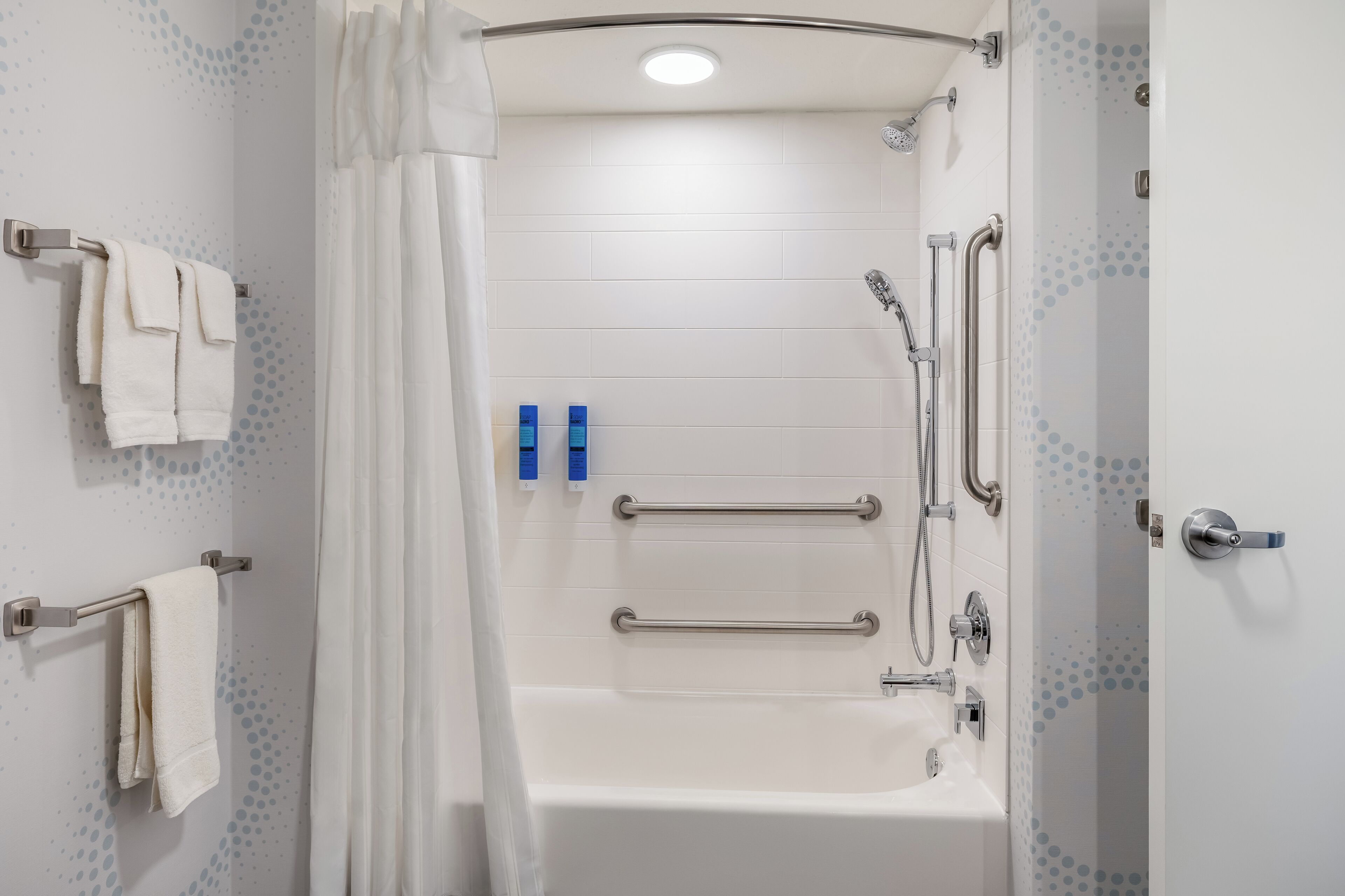 A modern bathroom with a bathtub, grab bars, and a shower area.