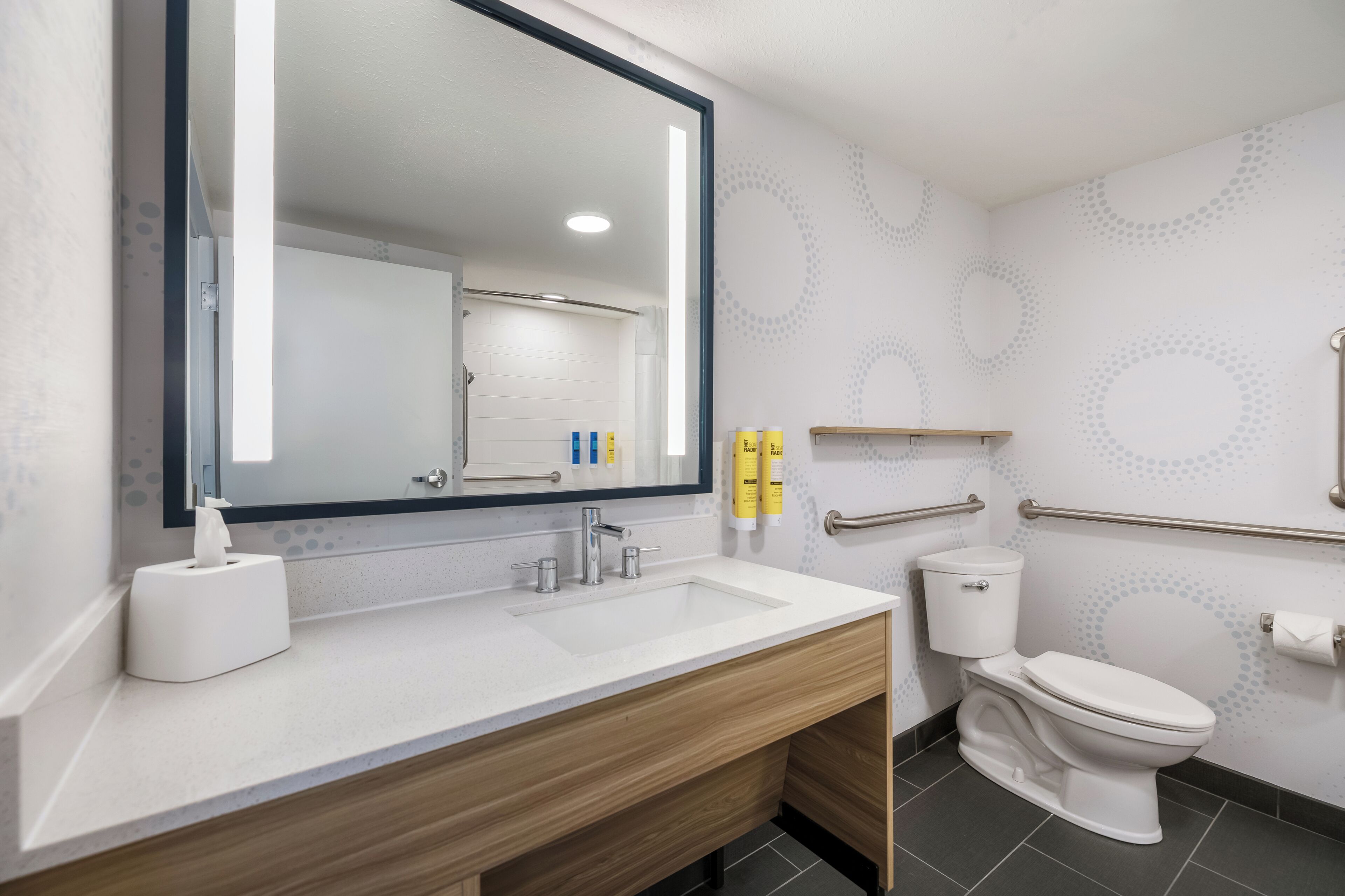 A modern bathroom with a large mirror, white sink, wooden vanity, toilet, and handrails.