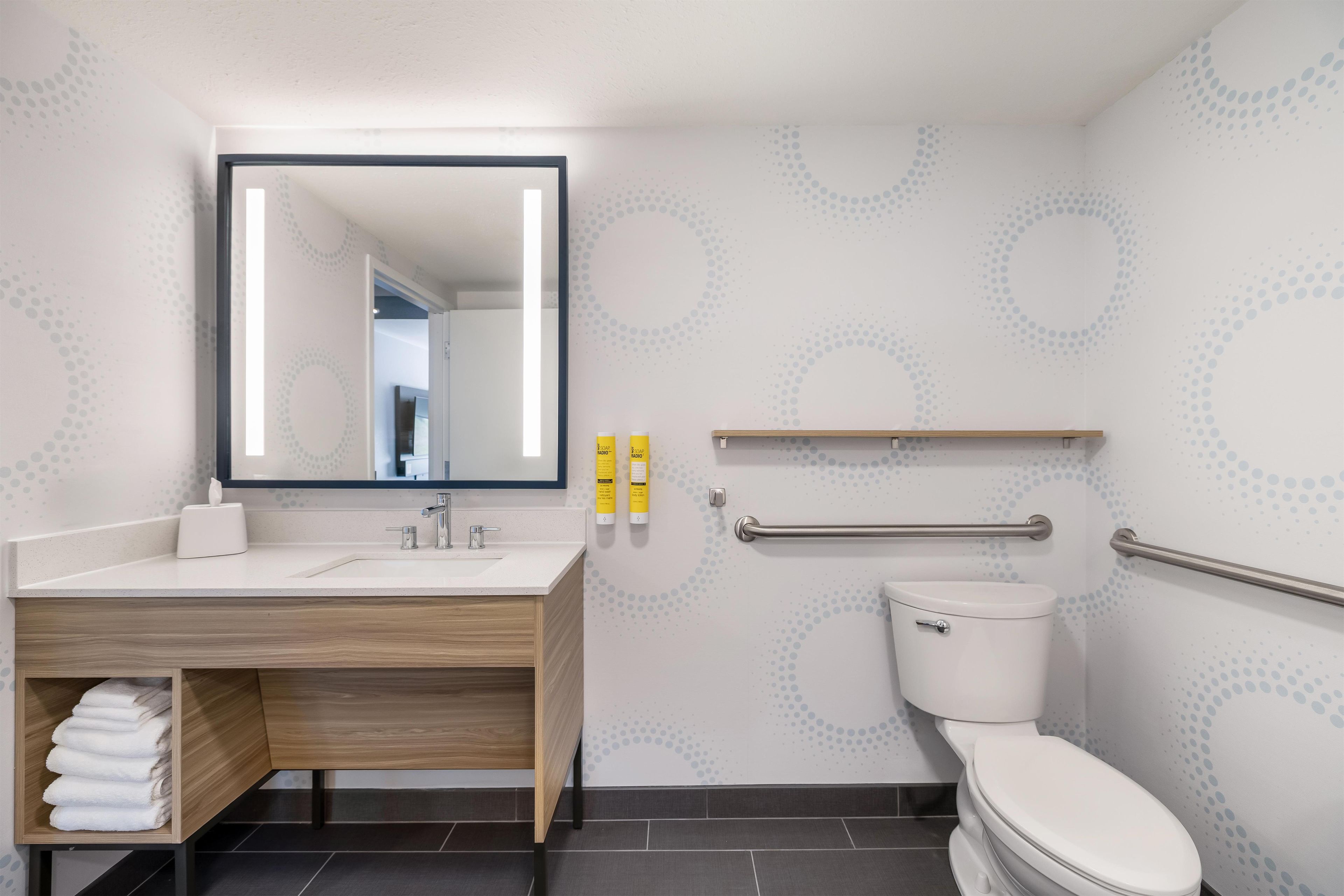 A modern bathroom with a wooden vanity, a large mirror, a toilet, and a handrail.