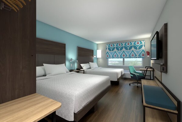 A hotel room with two beds, a desk, a chair, a TV, and a window with a view. - Tru By Hilton Madison East (Madison)