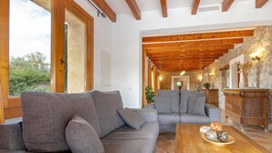 Un salon avec un canapé gris, une table basse en bois ornée de boules décoratives et un mur en pierre avec une cheminée en pierre.