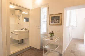 Dusj, hårføner, håndklær og sjampo
