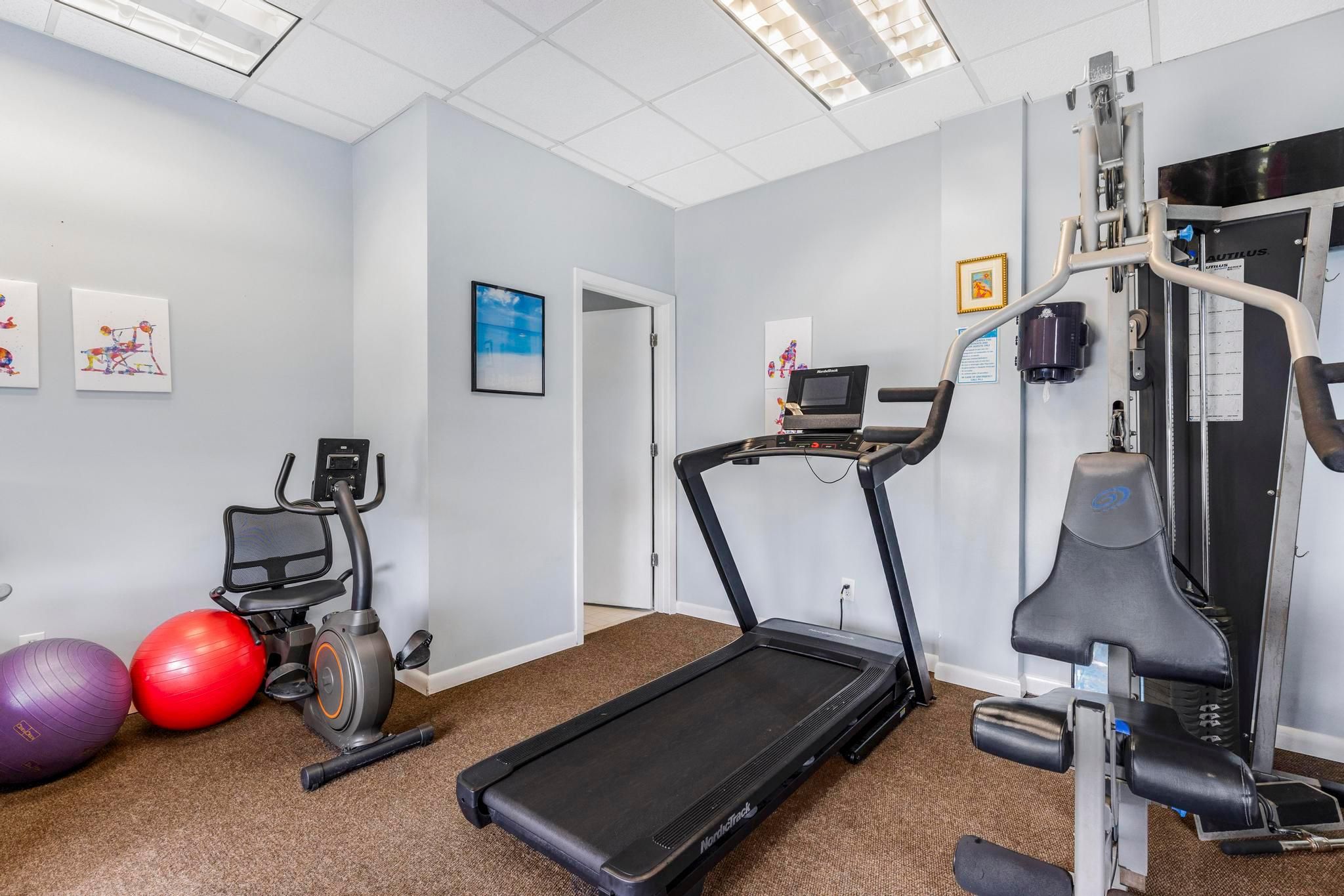 A fitness room with a treadmill, exercise bike, and various fitness balls.