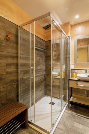 Shower, hair dryer, towels, toilet paper