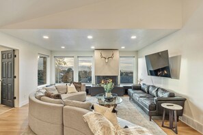 TV connectée, cheminée, livres