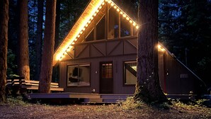 Eine Holzhütte mit geneigtem Dach, großen Fenstern und einer Veranda.