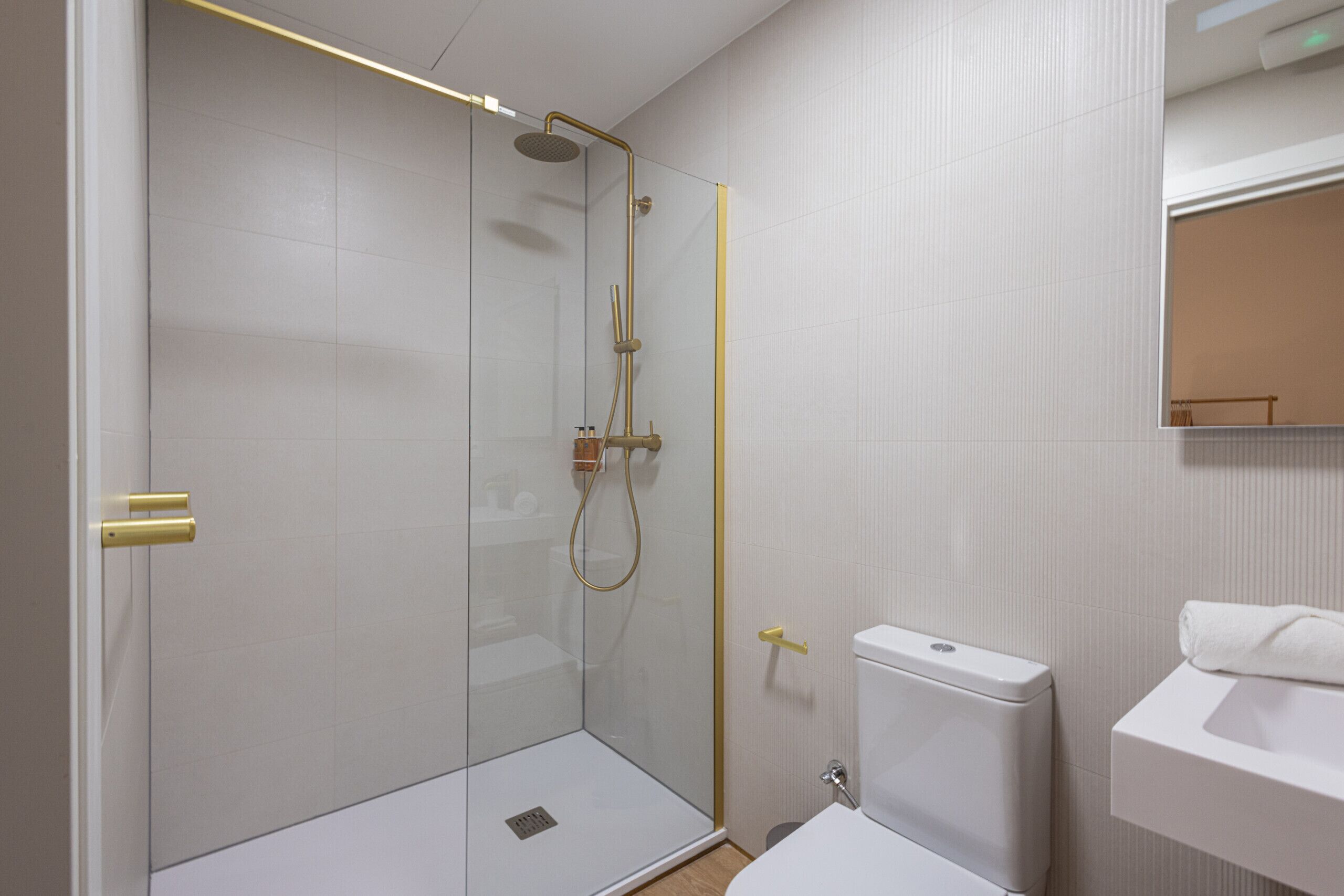 Et moderne badeværelse med en brusekabine i glas, et hvidt toilet og en vask med et spejl over.
