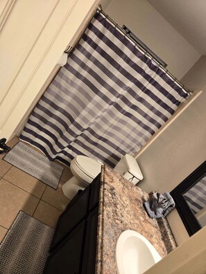 A bathroom with a striped shower curtain, a toilet, a sink, and a mat.