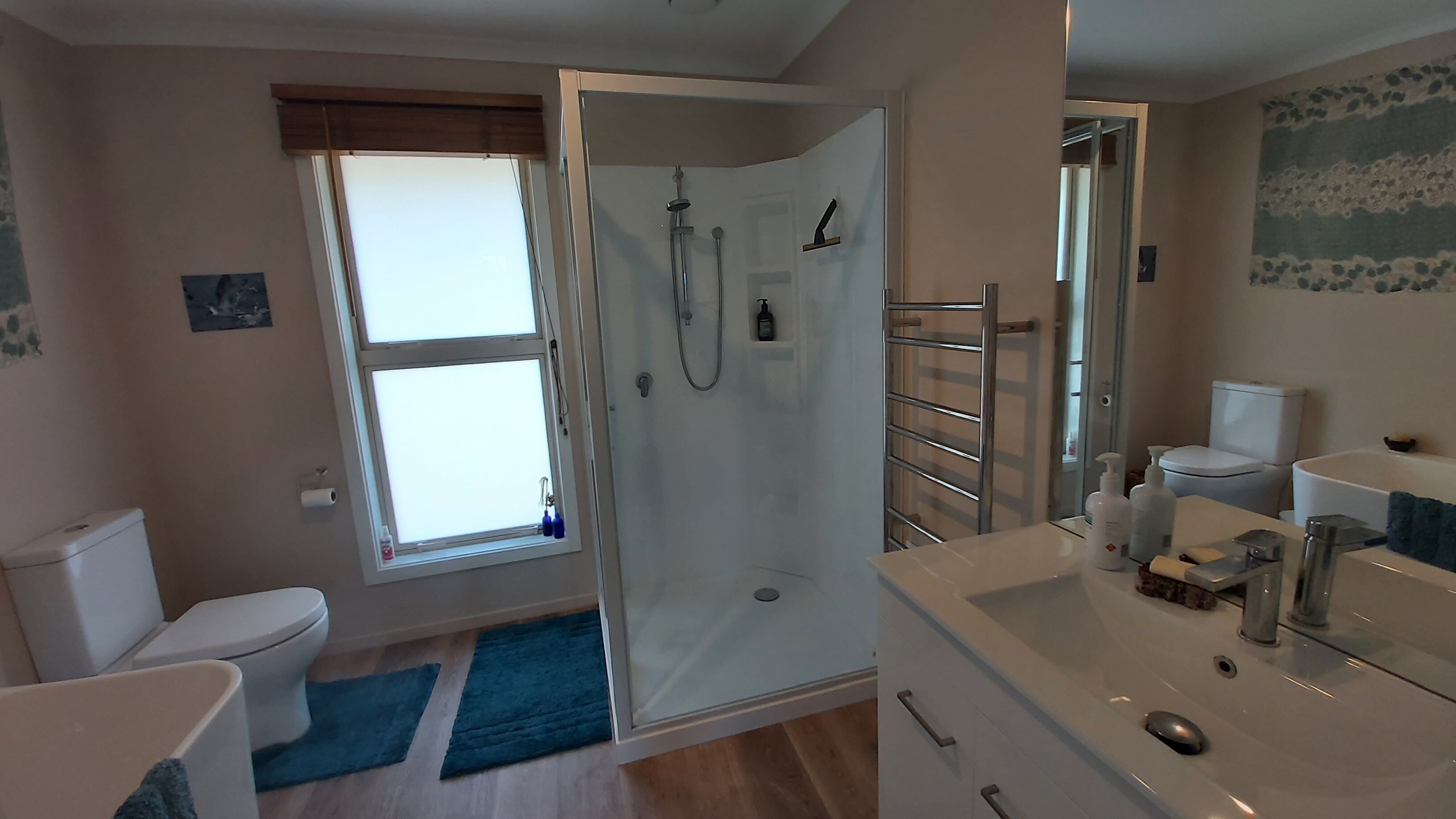A modern bathroom with a glass-enclosed shower, a toilet, a sink with toiletries, and a blue rug.