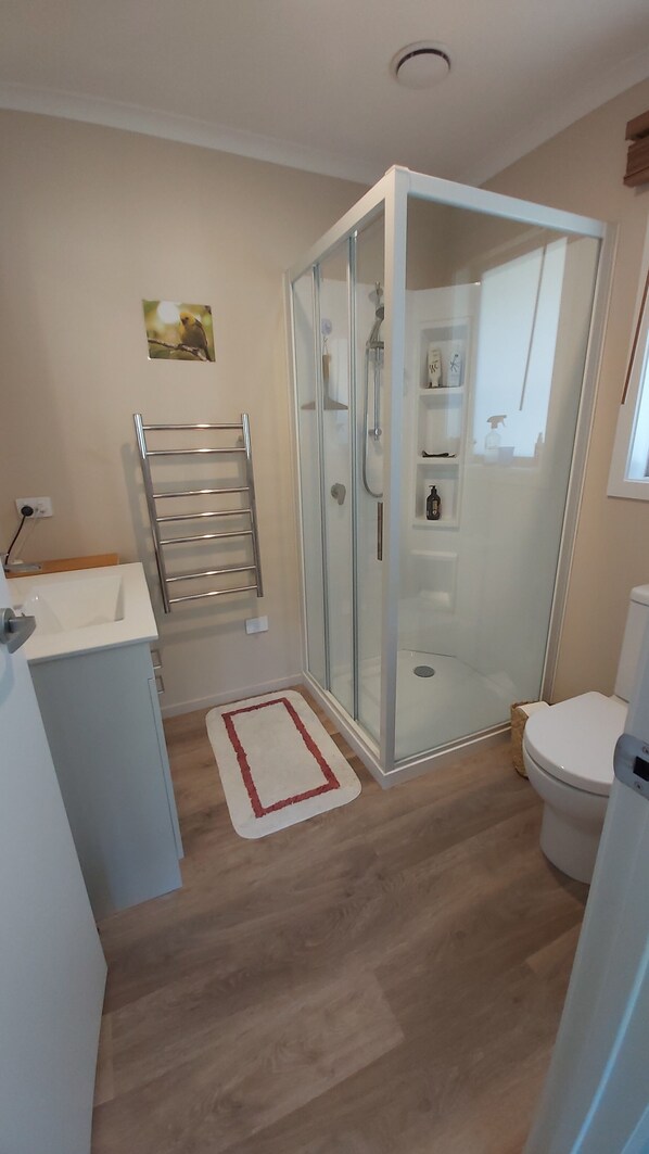 A bathroom with a glass shower enclosure, a white sink, a toilet, and a small shelf with toiletries. - Ruru at Ligar Bay (Ligar Bay)