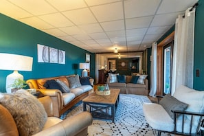 TV, fireplace, table football - Modern Mountain Home with Hot Tub and Views (Beech Mountain)