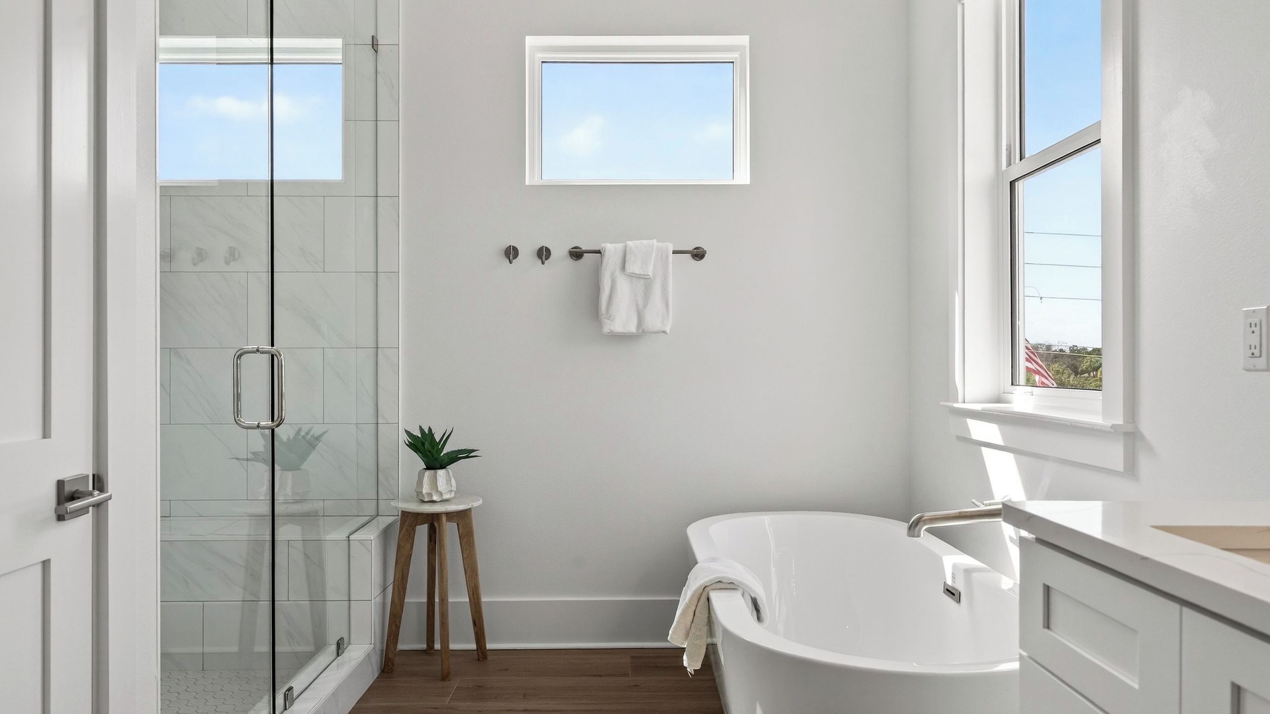Une salle de bain moderne avec une douche en verre, une baignoire sur pieds, une petite plante en pot et une fenêtre laissant entrer la lumière naturelle.