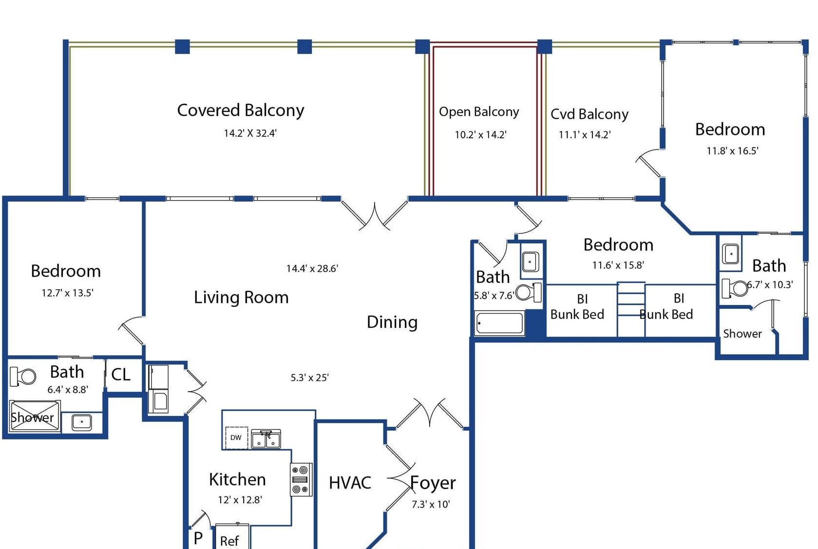Plattegrond van een vakantiehuis met een overdekt balkon, open balkon, slaapkamer, woonkamer, eethoek, keuken en hal.