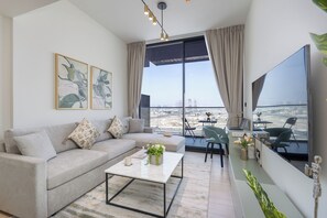 Luksusleilighet, balkong | Oppholdsområde