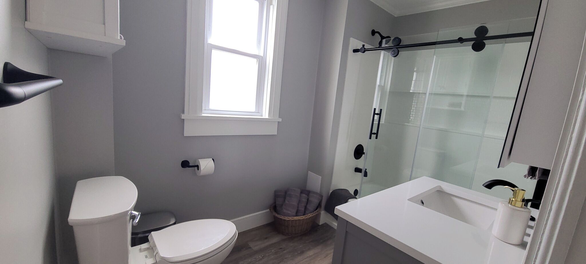 Hair dryer, towels, soap, toilet paper