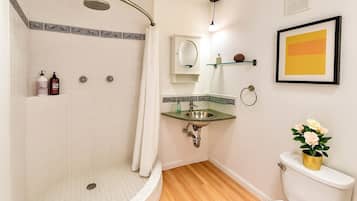 Chuveiro, secador de cabelo, toalhas de banho, sabonete