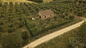 A rural landscape with a stone house surrounded by olive groves and a dirt road. - Cosy apartment with pool, A/C, WIFI, TV, patio and panoramic view, close to San Gimignano (Montauto)